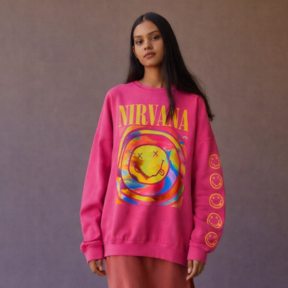 Nirvana Smile Sweatshirt Oversized Pink S/M Urban Outfitters 90s Grunge Rock